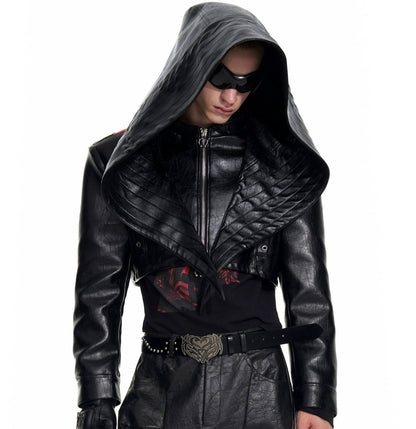 Bat Hat Design PU Leather Hooded Short Jacket WN20926