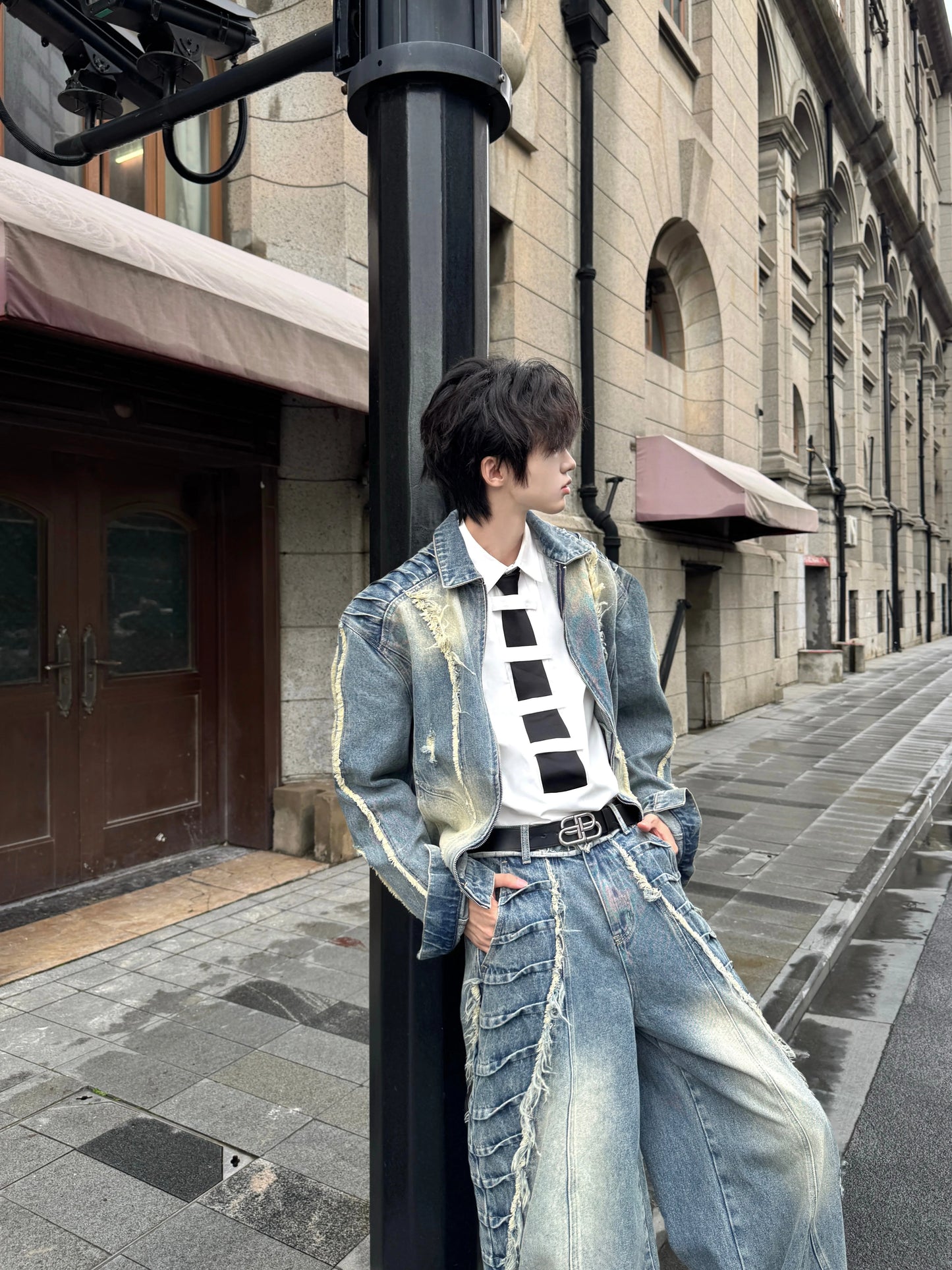 Fringe Damage Wash Denim Jacket & Wide Leg Denim Jeans Setup WN20756