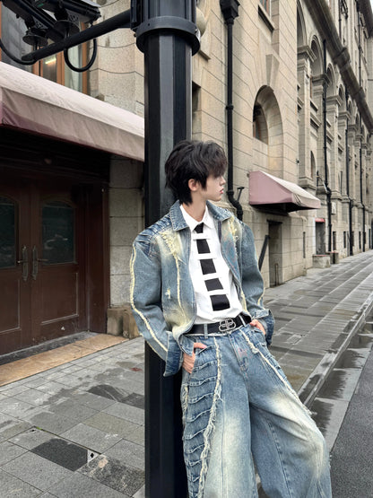 Fringe Damage Wash Denim Jacket & Wide Leg Denim Jeans Setup WN20756