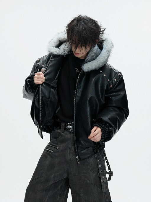 Hooded Fake Fur Collar PU Leather Puffer Jacket WN22619