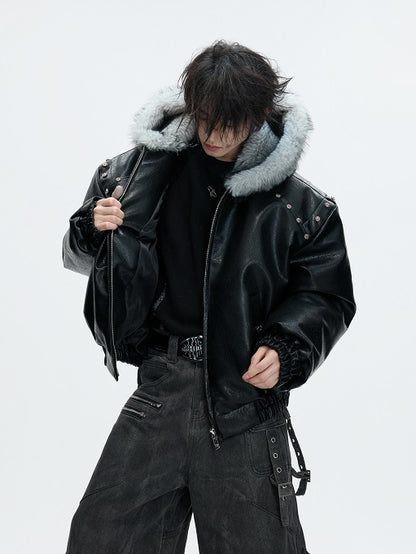 Hooded Fake Fur Collar PU Leather Puffer Jacket WN22619