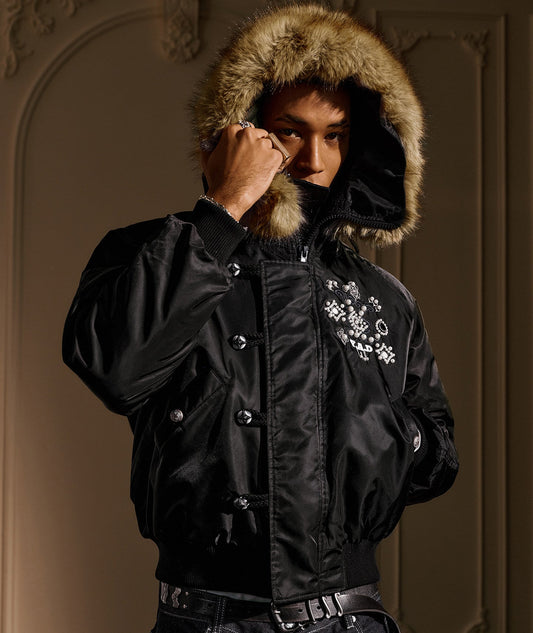 Fake Fur Collar Embroidery Puffer Jacket WN23213