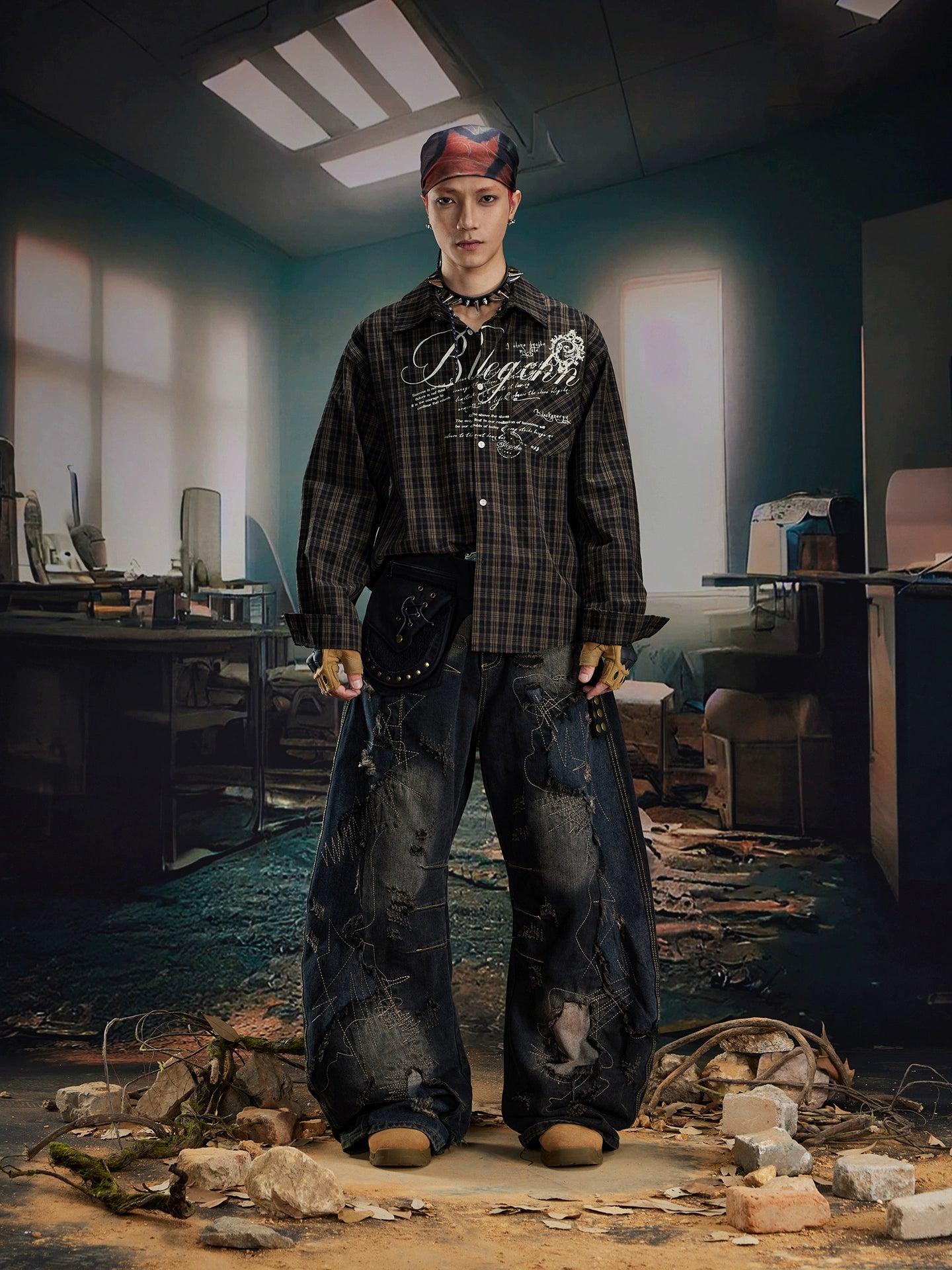 Print Oversize Plaid Long Sleeve Shirt WN20558