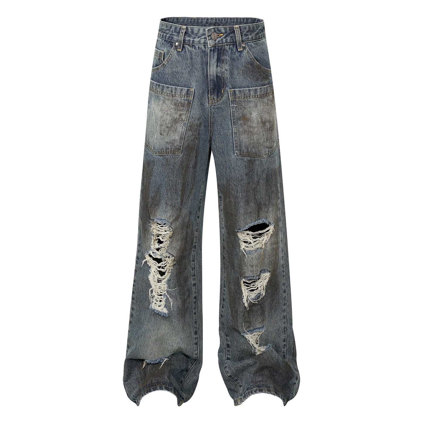 Damage Wide-Leg Straight Denim Jeans WN8472