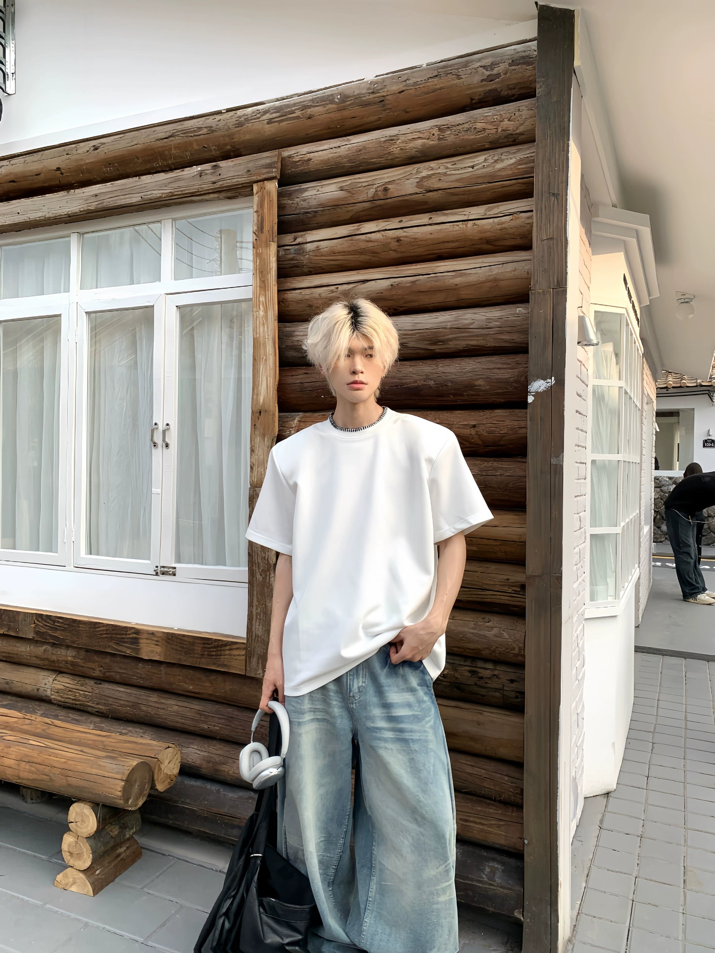 Shoulder-Pad Patchwork Oversize Short Sleeve T-Shirt WN19875