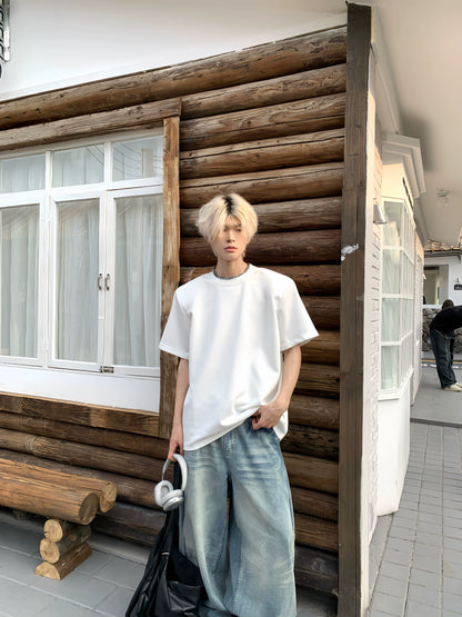 Shoulder-Pad Patchwork Oversize Short Sleeve T-Shirt WN19875