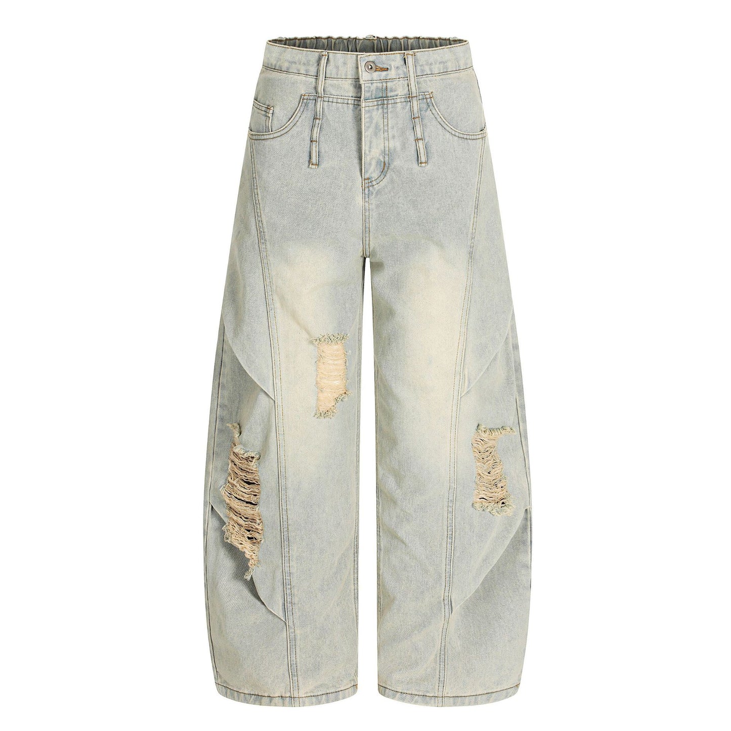 Washed Damage Curved Wide Leg Denim Jeans WN25912
