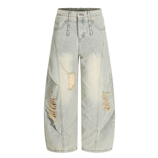 Washed Damage Curved Wide Leg Denim Jeans WN25912
