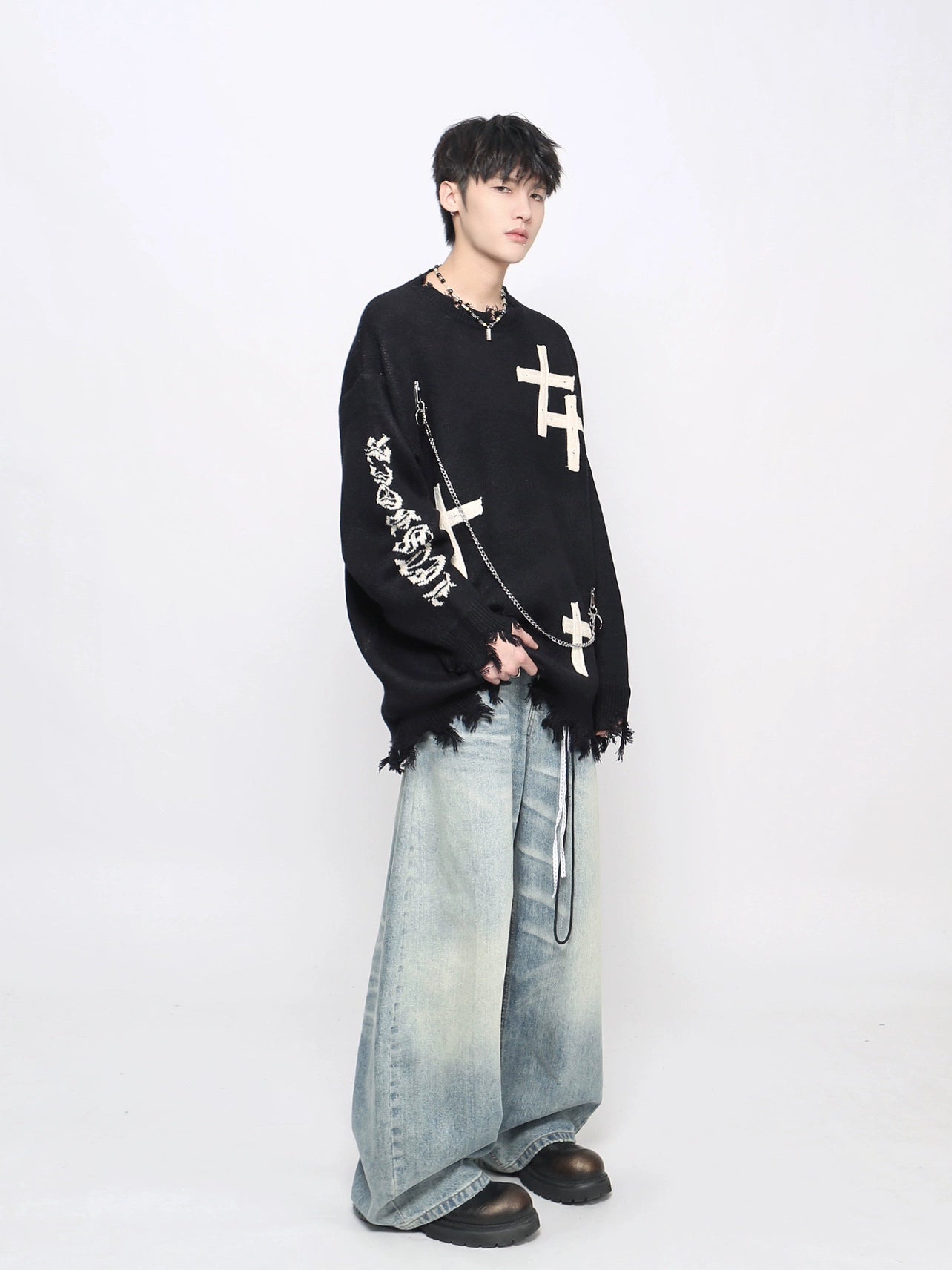 Gothic Cross Jacquard Oversize Knit Sweater WN21053