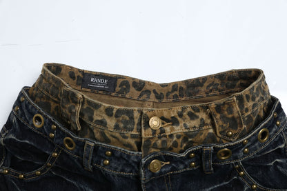 Fake Layered Leopard Print Wide Leg Denim Jeans WN26148