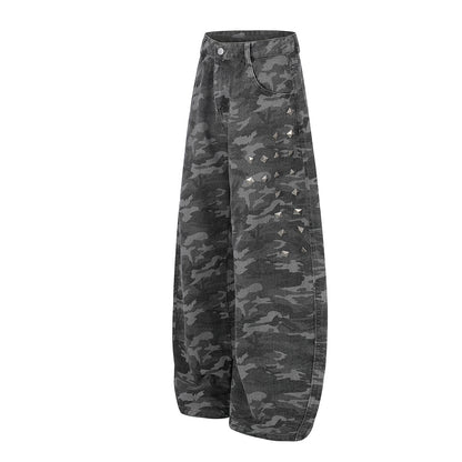 Camo Rivet Curved Wide Leg Denim Jeans WN25624