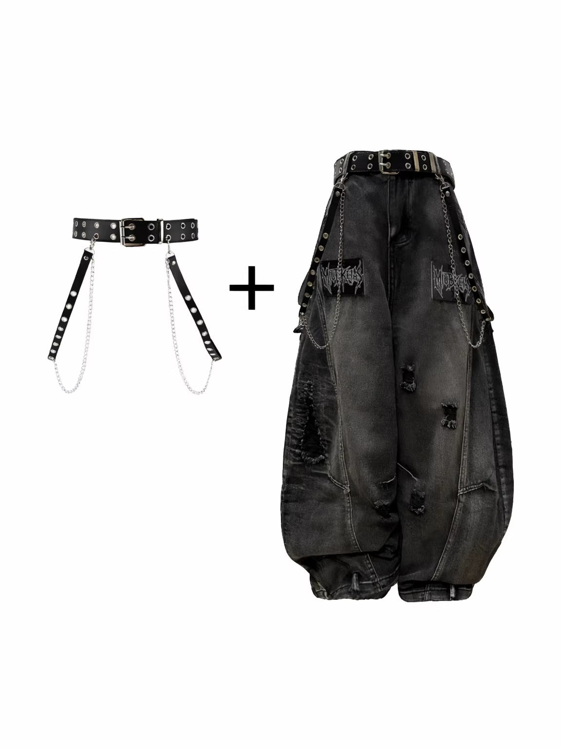 Ripped Metal Chain Wide Leg Denim Jeans WN27870