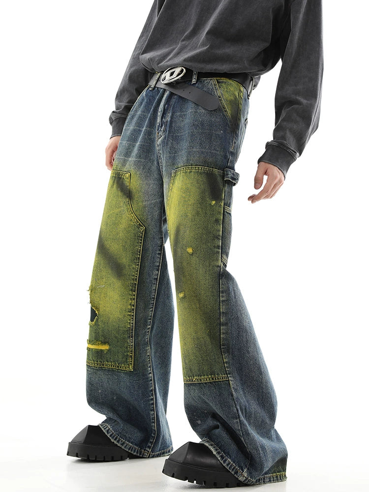 Spray-Paint Effect Wide-Leg Utility Denim Jeans WN10514