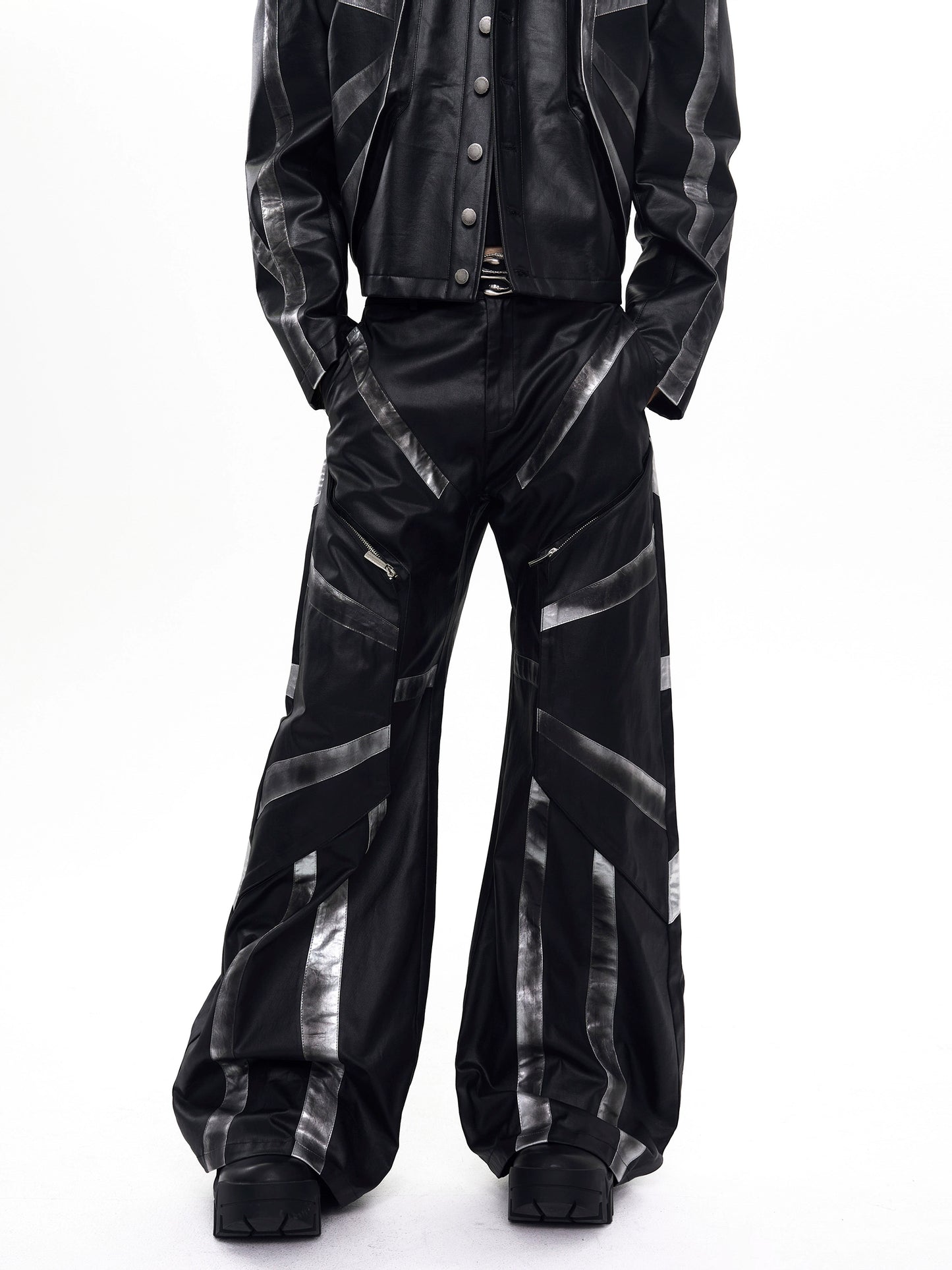 Patchwork Oversize PU Leather Jacket & PU Leather Pants Setup WN20510