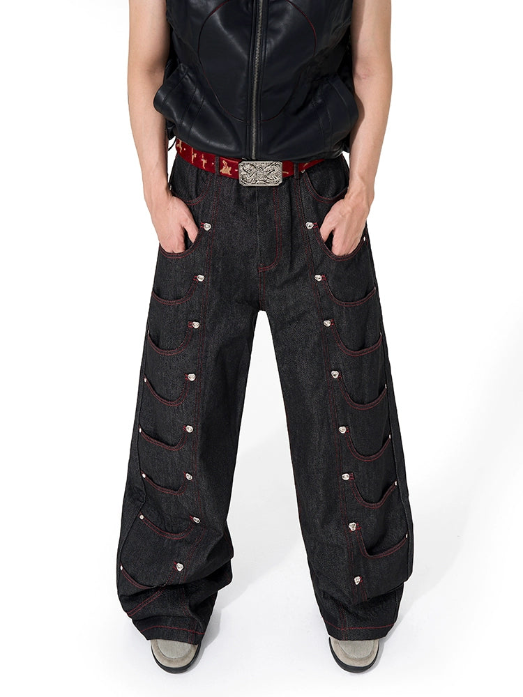 Multi-Pocket Metal Detail Wide Leg Denim Jeans WN20500