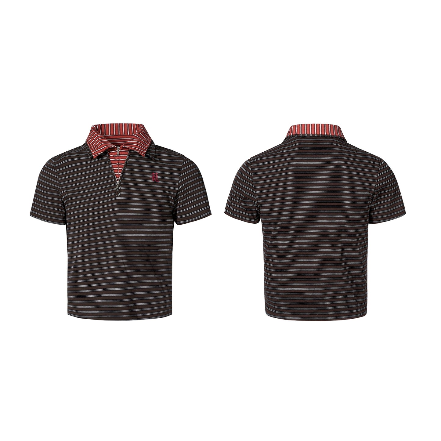 Fake Layered Stripe Zipper Short Sleeve Polo Shirt WN18783