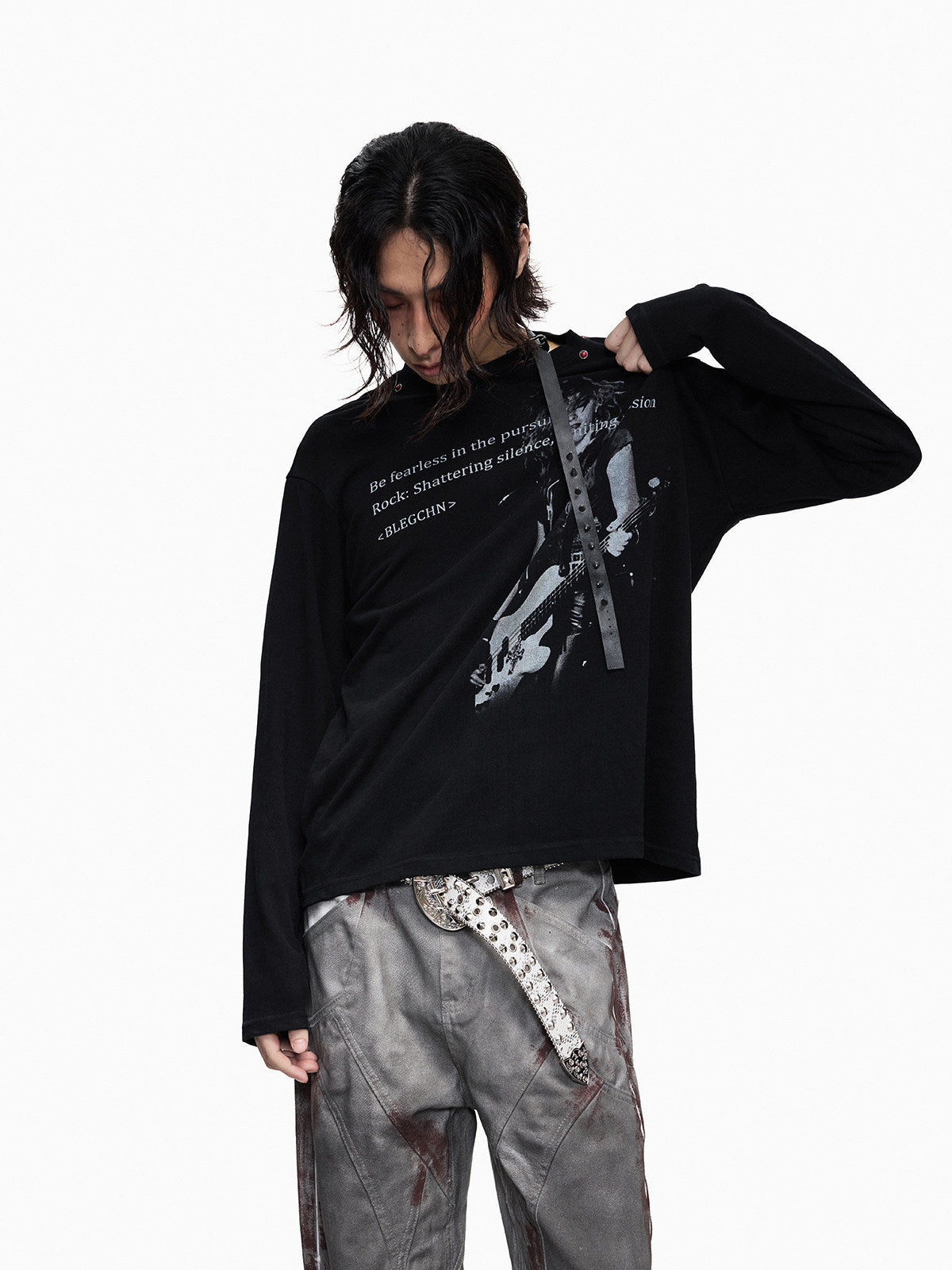 Washed Guitar Portrait Slogan Print Long Sleeve T-Shirt WN27324