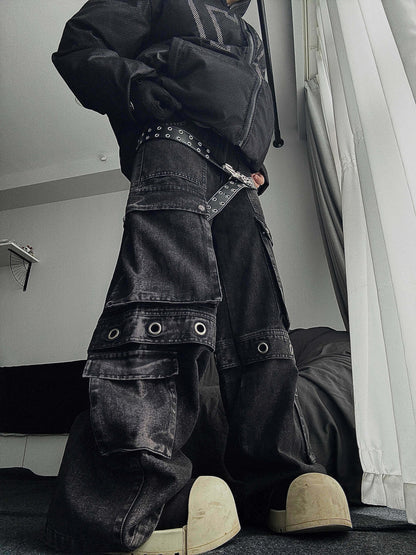 Multi Pocket Eyelet Wide Leg Cargo Denim Jeans WN24168