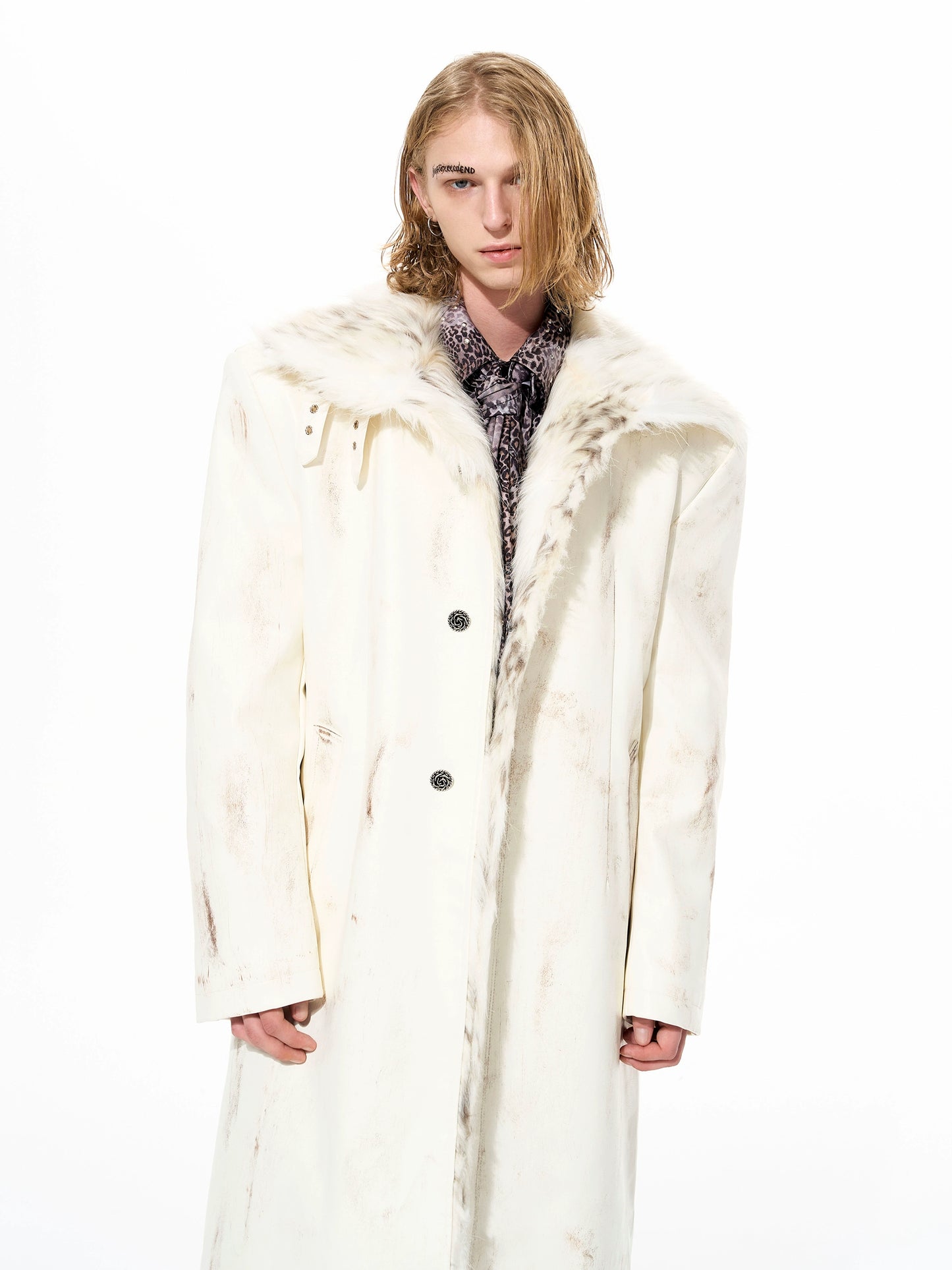 Paint Damage Stand Neck Fake Fur Coat WN22640