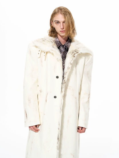 Paint Damage Stand Neck Fake Fur Coat WN22640