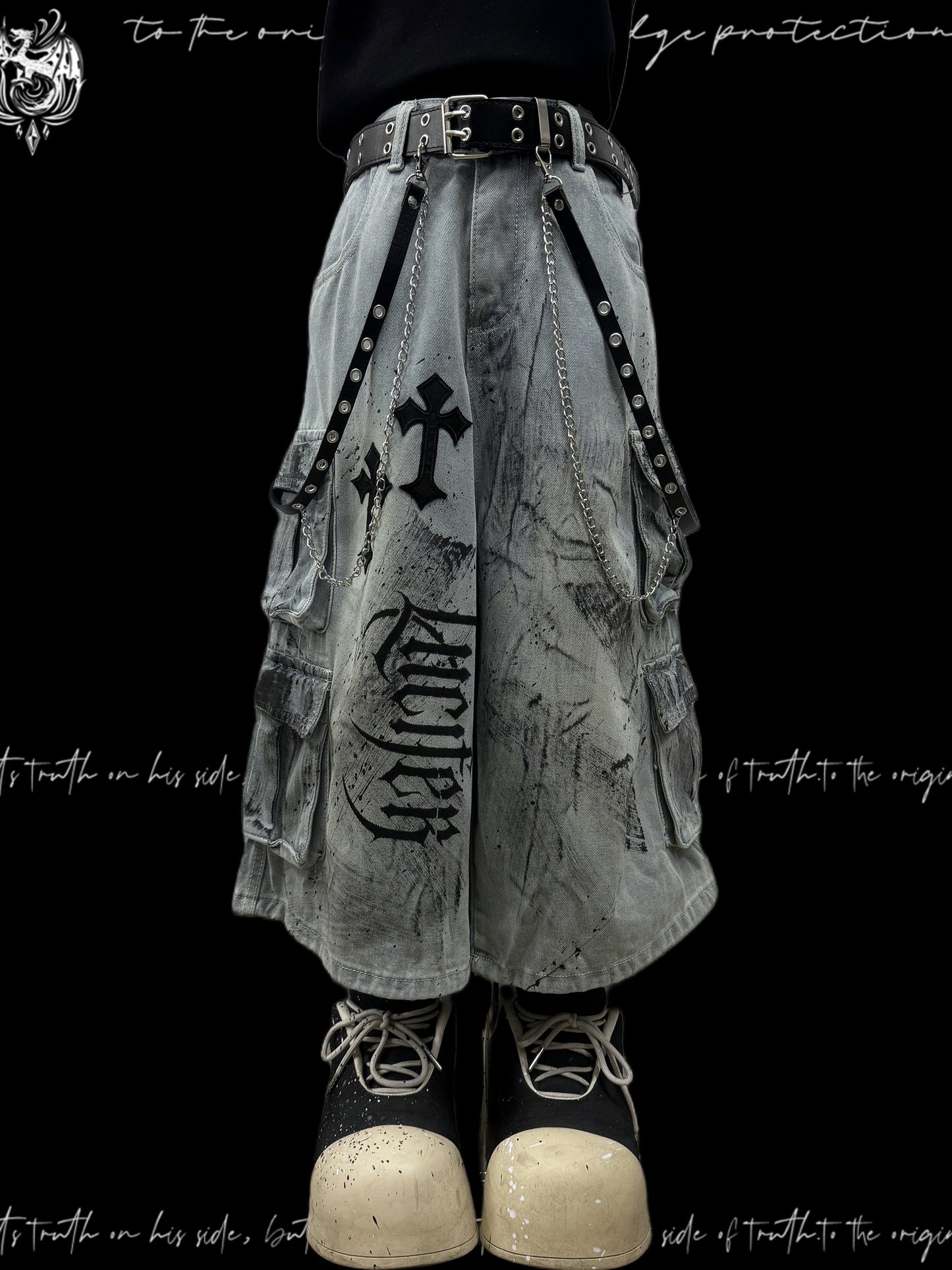 Cross Print Cargo Wide Leg Cropped Denim Jeans & Skull Belt & Cross Belt & Belt Chain WN23794