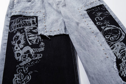 Two-Tone Graphic Panel Studs Wide Leg Denim Jeans WN27813