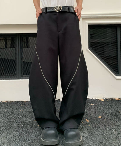 Scimitar Design Diagonal Zipper Wide Leg Trousers WN19771