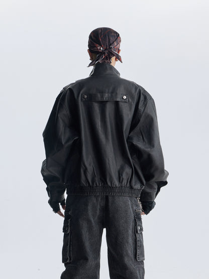 Deconstruction Patchwork Standing-Collar Belt Oversize PU Leather Jacket WN20813