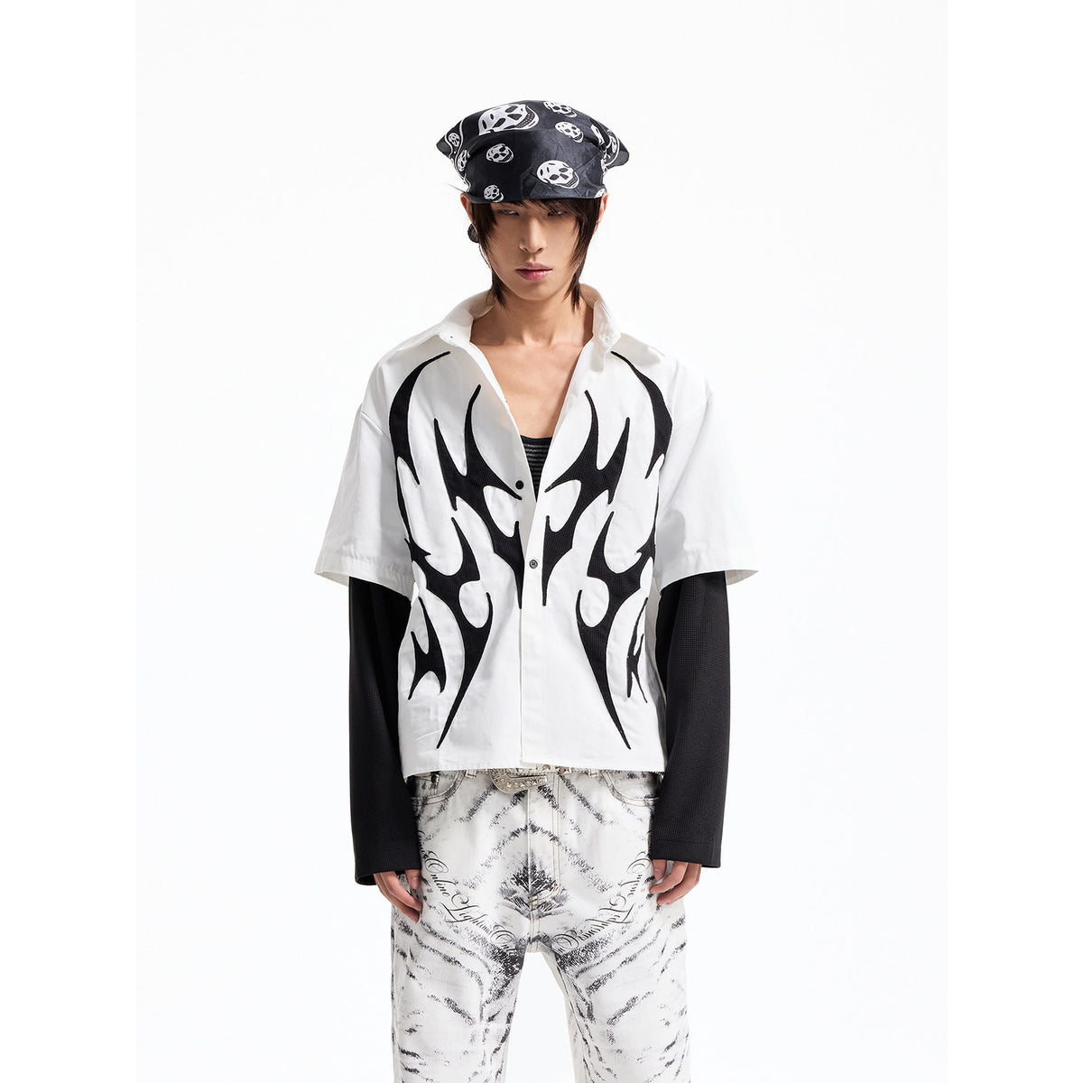 Fake Layered Flame Patch Embroidery Short Sleeve Shirt WN27296