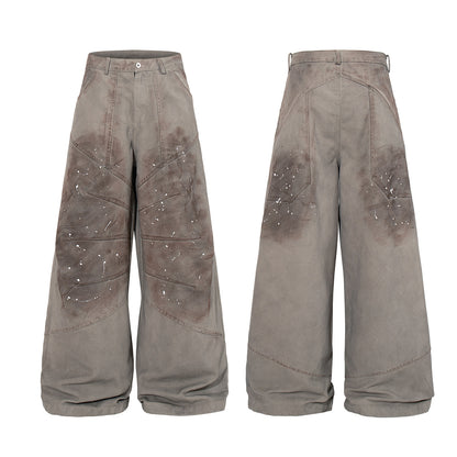 Washed Paint Studs Detail Wide Leg Pants WN25436