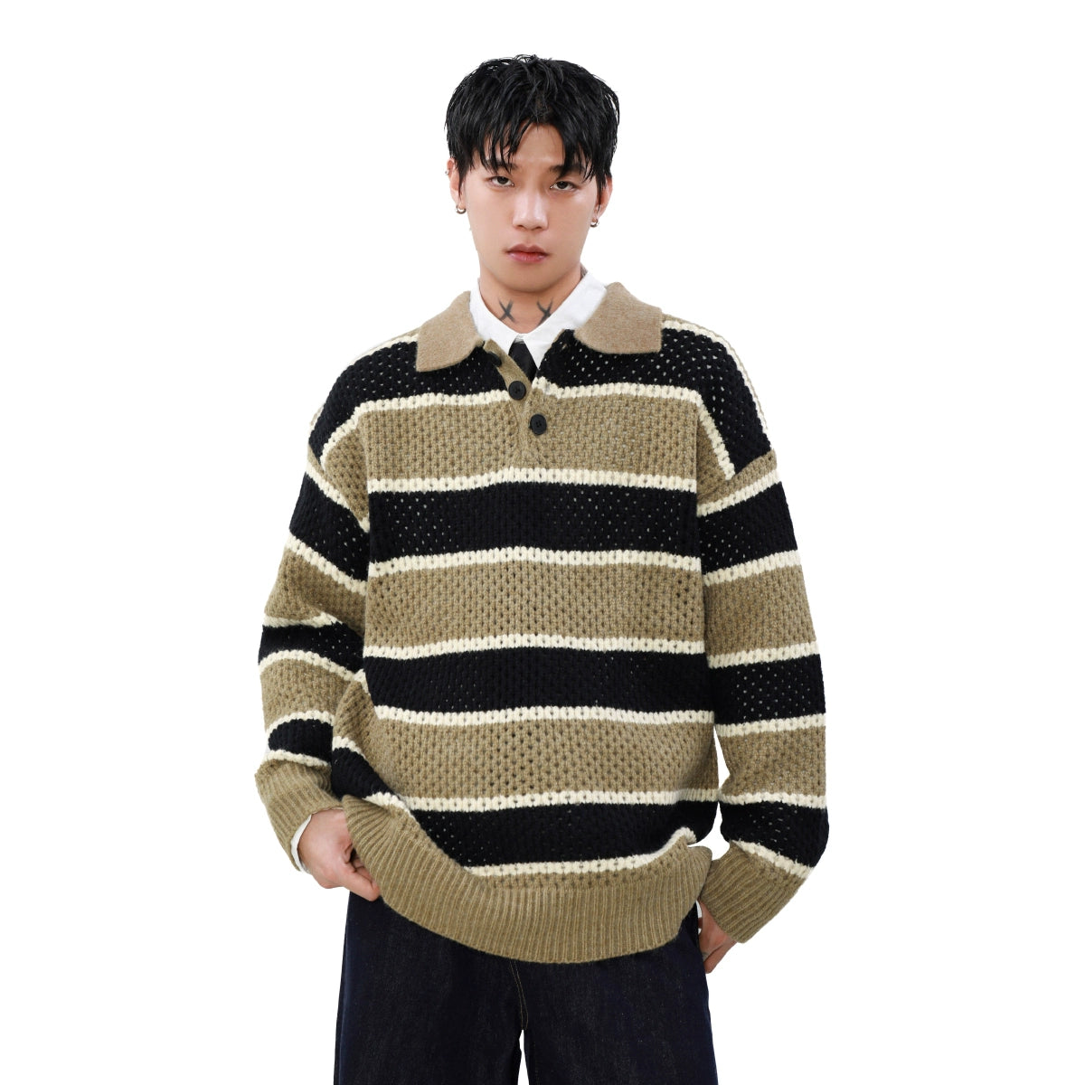 Oversize Stripe POLO Knit Sweater WN8307