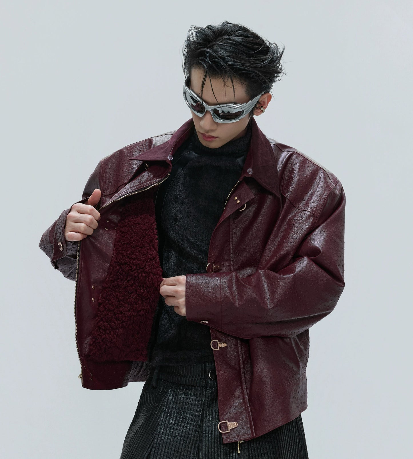 Ostrich Texture Fleece Lining Thick PU Leather Jacket WN21727