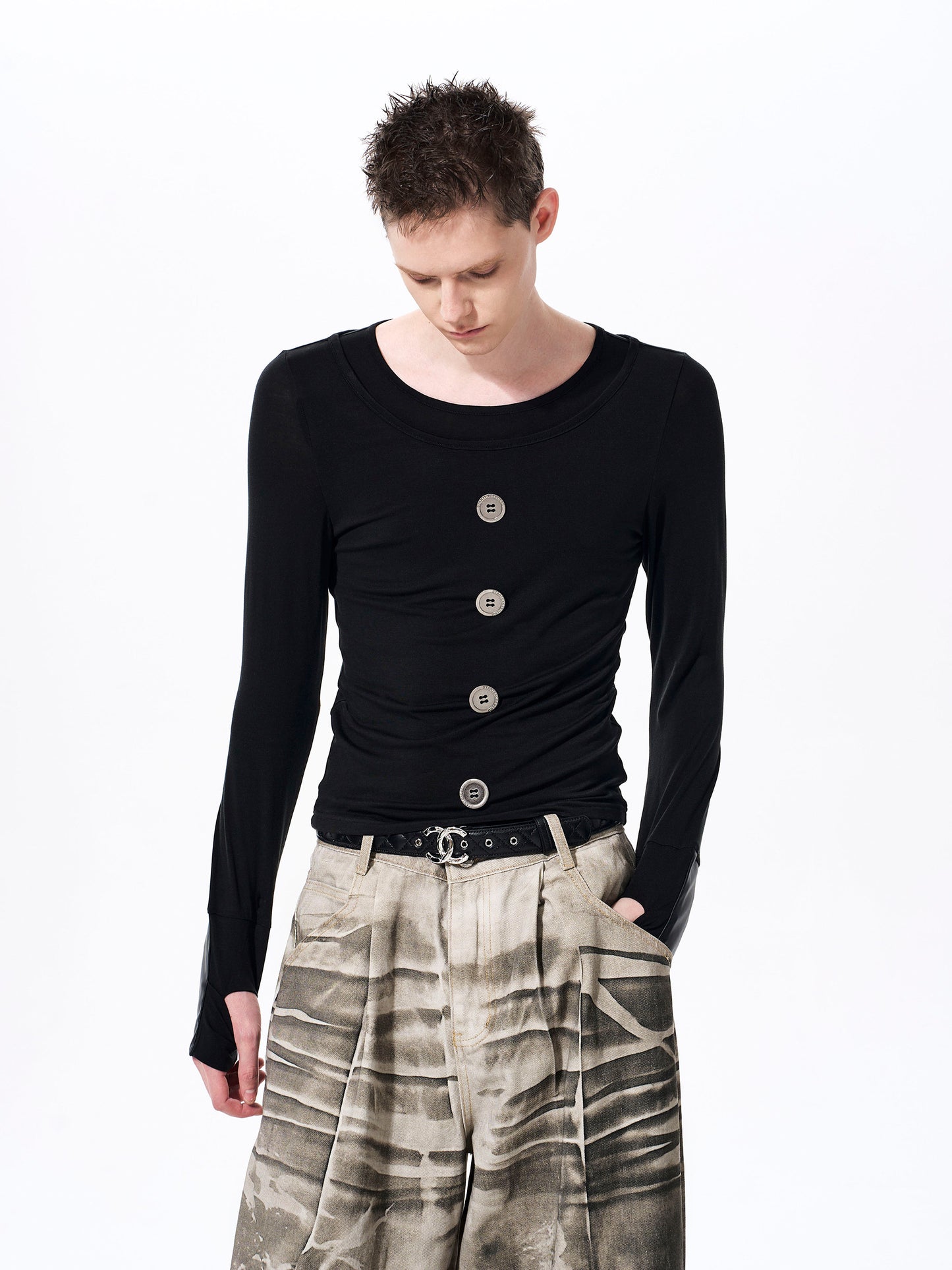 Tencel Fake Layered Button Long Sleeve T-Shirt WN23270