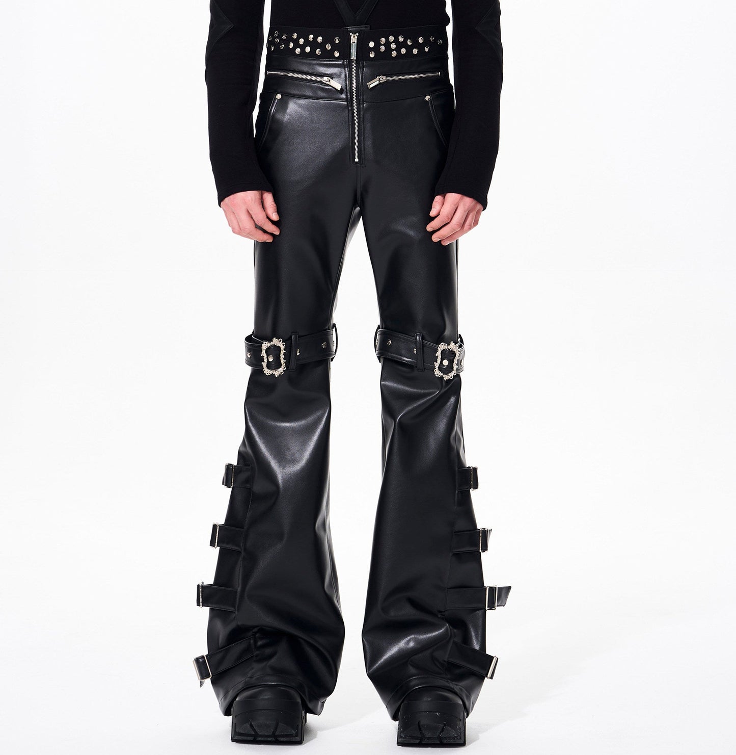 PU Leather Flare Metal Rivet Buckle Pants WN23258