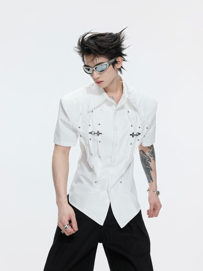 Pleats Cinched-Waist Shoulder-Pad Stud Short Sleeve Shirt WN27000