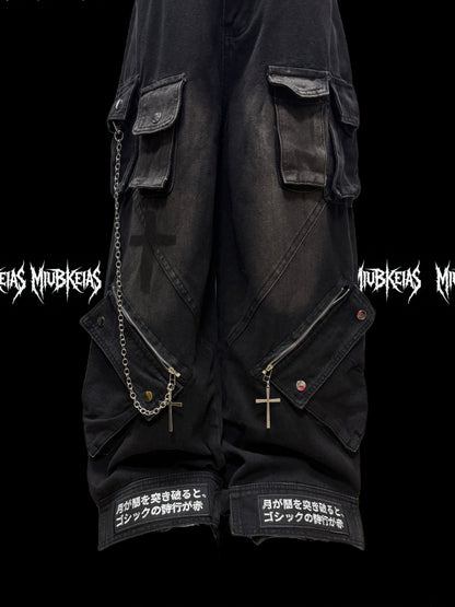Chain Strap Pocket Letter Print Cargo Denim Jeans & Skull Belt & Belt Chain WN23783