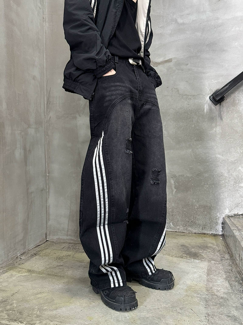 Damage Side Stripe Washed Wide Leg Denim Jeans WN21174