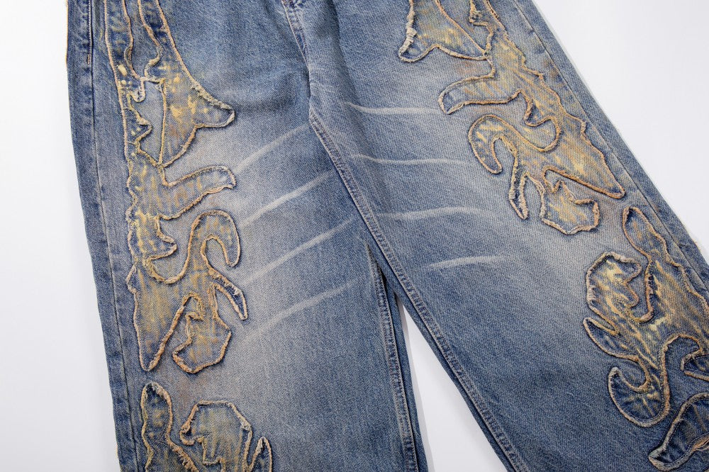 Frayed Applique Embroidery Washed Wide Leg Denim Jeans WN27833