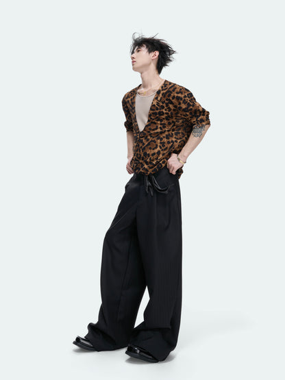 Leopard Print Deep V-Neck Fake Layered Stretch Long Sleeve T-Shirt WN27043