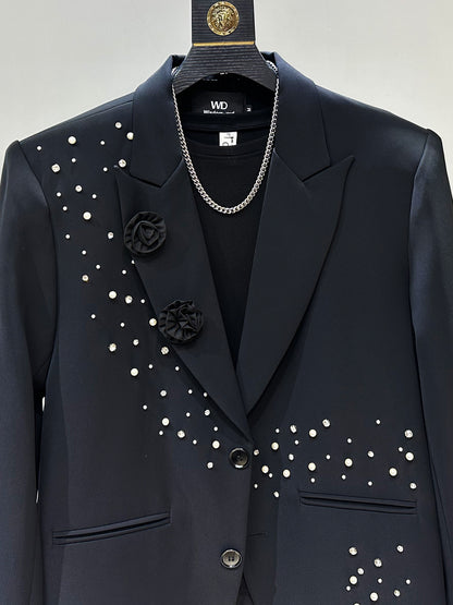 Beaded Rhinestone Oversize Tailored Jacket & Flare Trousers Setup WN23880