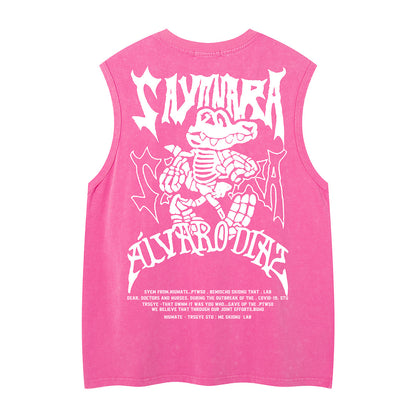 Washed Skeleton Crocodile Letter Print Sleeveless T-Shirt WN26882
