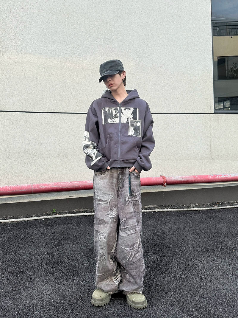 Patch Portrait Oversize Zipper Hoodie WN21157