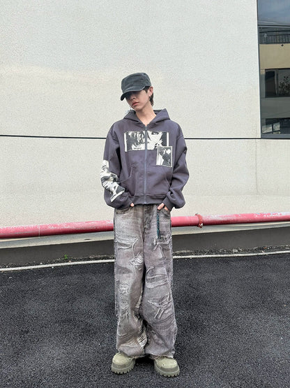 Patch Portrait Oversize Zipper Hoodie WN21157