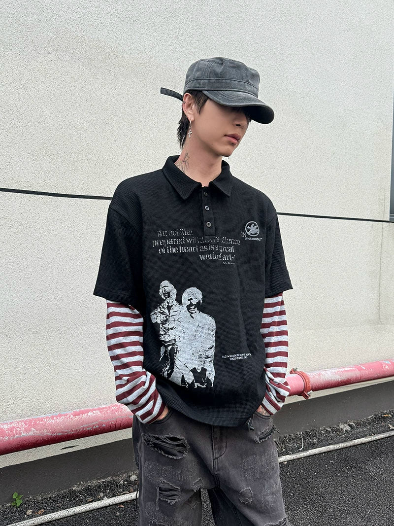 Fake Layered Stripe Long Sleeve Polo Shirt WN21159