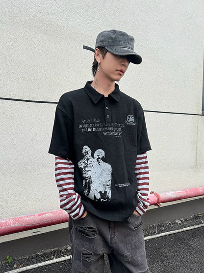 Fake Layered Stripe Long Sleeve Polo Shirt WN21159