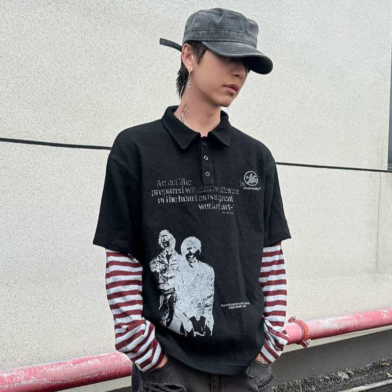 Fake Layered Stripe Long Sleeve Polo Shirt WN21159