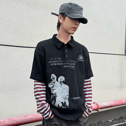 Fake Layered Stripe Long Sleeve Polo Shirt WN21159