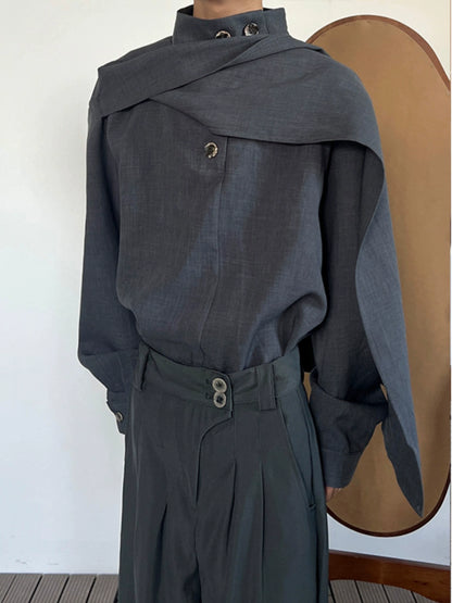 Stand Neck Scarf-Tie Long Sleeve Shirt WN19975