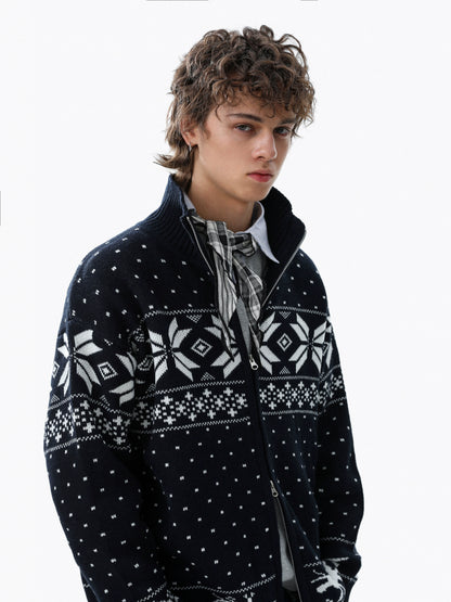 Snowflake Zipper Stand Neck Knit Sweater WN22102