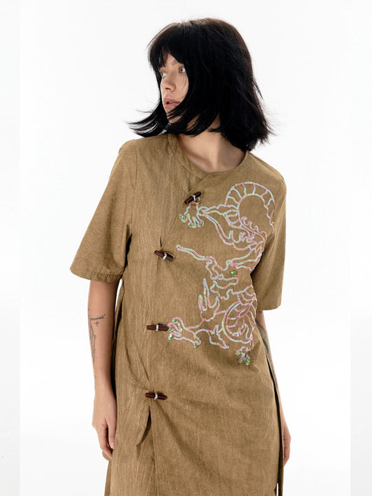 Chinese Style Dragon Embroidery Short Sleeve T-Shirt WN18860